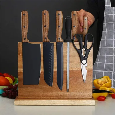 New Design Block Utensil Knives Tool Rack Kitchen Bamboo Acacia Wood Magnetic Knife Holder