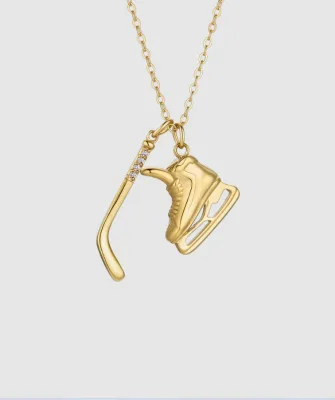 Inspire Stainless Steel Gold Hockey Stick  Ice Skate Charm Necklace Crystal Puck Pendant Necklace  Gift for Hockey Fans