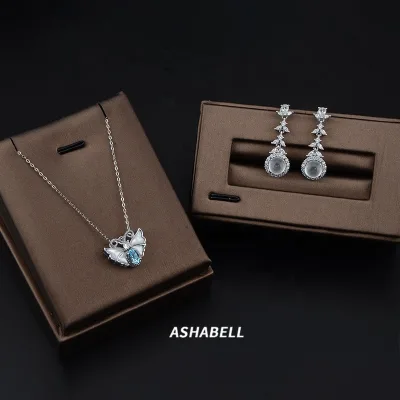 925 Sterling Silver Design Sense Natural Jade Chalcedony Gem Zircon Inlaid Earrings Butterfly Necklace Jewelry Set