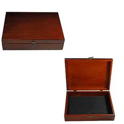 Customization Wooden Packing Box With Lock Brown Lacquer Hinged Lid