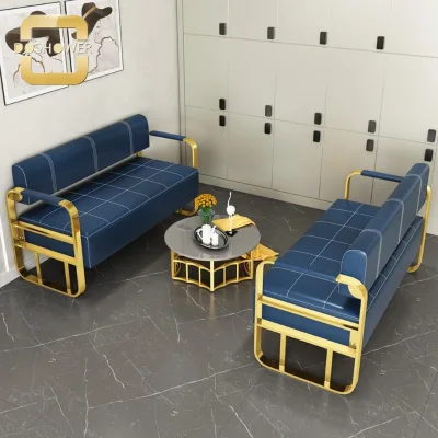 Office Golden Metal Arms Lounge Area Sofa of Waiting Room Hotel Hot Salon Reception Waiting Chair for Blue Barber Shop Sofa