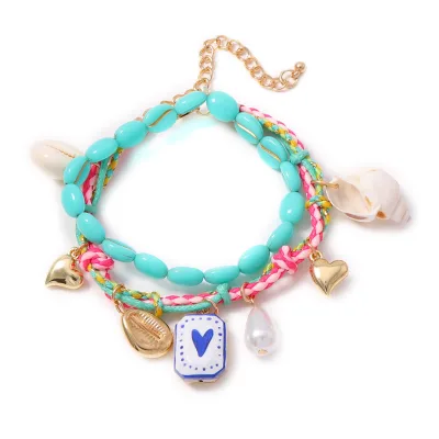Bohemian Layered Woven Bracelet Shell Conch Beads Pearl Heart Pendant Handmade Beach Vacation Jewelry for Women Gift