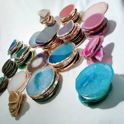 HY Factory Direct High Quality Gold Rim Agate Coaster Crystal Slices Stone Pink Geode Quartz