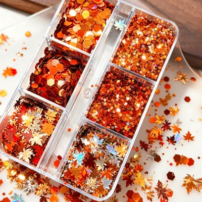 6 Grids Autumn Maple Leaf Nail Glitter Flakes Box Holographic Orange Brown Hexagon Sequins Seasonal Nail Art Decorations