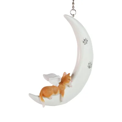 Orange Angel Cat Hand-Painted Resin Statue with White Moon Design Art Hanging Decor for Pet Memorial
