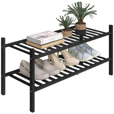 2-Tier Black Shoe Rack Bamboo Wooden Shoe Rack for Entryway Hallway Bathroom Entryway and Closet Hallway