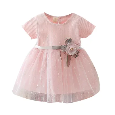 Hot Sale Summer Cute Princess Baby Girls Cotton Ball Gown Floral Pattern Lace Rose Party Dress Short Sleeves Breathable