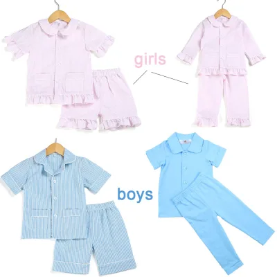 Boutique Summer Knitted Baby Clothes Matching Sibling Pyjamas Stripe Seersucker and Cotton Boys and Girls Baby Sleepwear