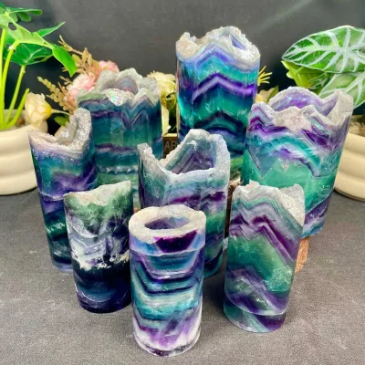 Natural Crystal rainbow Fluorite Striped Cylinder Wand Polished Gemstone Tower Healing Energy Fengshui Home Decoration Kindfull