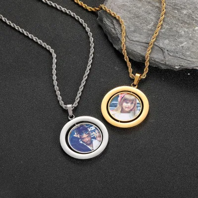 Custom Personalized Photos All Stainless Steel Double Sides Circle Memory Pictures Necklace