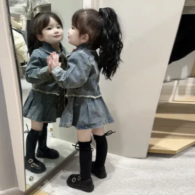 Girls' denim suit 2026 autumn vintage collar long sleeved denim jacket pleated skirt set