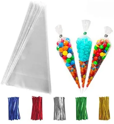 Transparent Cone Bags OPP Cello Bags with Heat Seal Handle for Triangle Candy Plastic Piping Bag Grocery Packaging