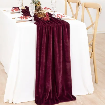 Vintage Classic Burgundy Red Polyester Velvet Table Runner Fall Luxurious Wedding Party Decor