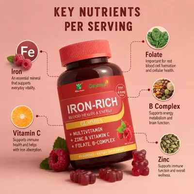 Daynee Adult Iron-Rich Gummies 60 Count Containing Iron VC Zinc Folate and B Complex to Boost Energy and Immunity