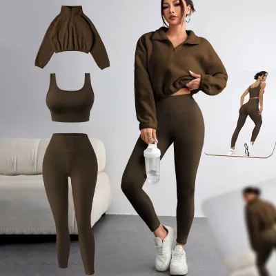 New Winter Lined Short Fleece Half-Zip Stand Quick Dry Sweater Three-Piece Set Vest Pants Front Women Sports Fitness Stand