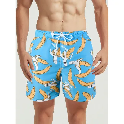 Summer New Sporty Mid Waist Drawstring Beach Shorts Men European American Casual Loose Banana Print Five-Point 100% Polyester