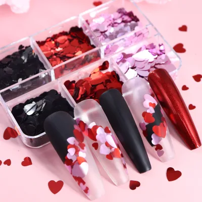 Valentines Nail Supplies Red Pink Heart Sequins Patch Metallic Effect Heart Sequins Nail Decoration