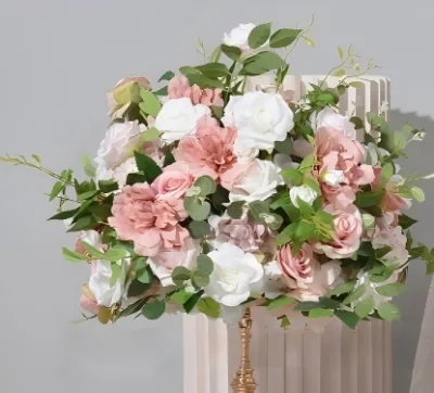 White Green Silk Flower Roman Column Vase Floral Display Wedding Aisle Entrance Stage Background Artificial Flower Arrangement