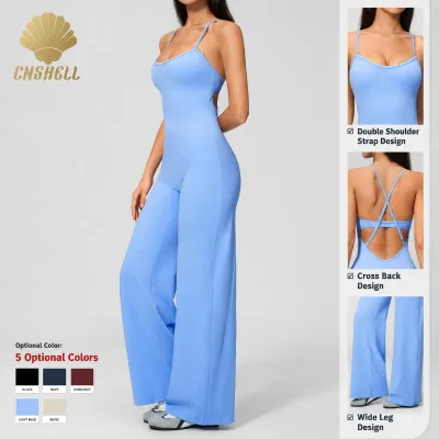 New Arrivals Cross Back Double Strap Wide Leg Flared Athletic Wear for Women Fitness Gym Activewear Jumpsuit