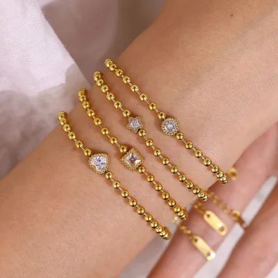 Wholesale Geometric Heart Square Round Zircon Bracelet 18k Gold Plated Waterproof Stainless Steel Beaded Bracelet for Gifts