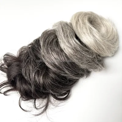 Mixed Gray Hair Buns Extension Salt and Pepper Color Human Hair Short Ponytail Donuts Hairpiece for Elderly