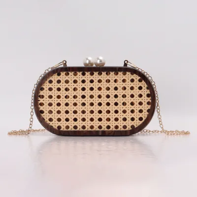 Oval Shape Acrylic Hard Shell Fashion Evening Clutch Rattan Weave Chain Strap Ladies Formal Purse for Wedding Cocktail Party