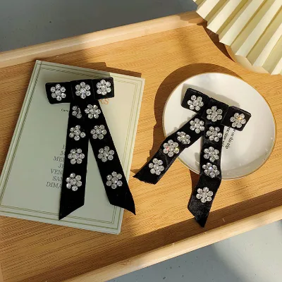 Korean-style Rhinestone Hairpin Simple Velvet Black Hairpin Flower Streamer Bow Seamless Edge Clip