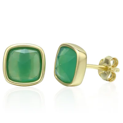 925 Sterling Silver 14K Gold Plated Geometric Square Green Agate Cushion Stud Earrings