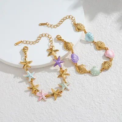 Exquisite Stainless Steel Jewelry Gold Plated Enamel Starfish Seashell Women Fashion Chain Link Bracelet for Tourist Souvenirs