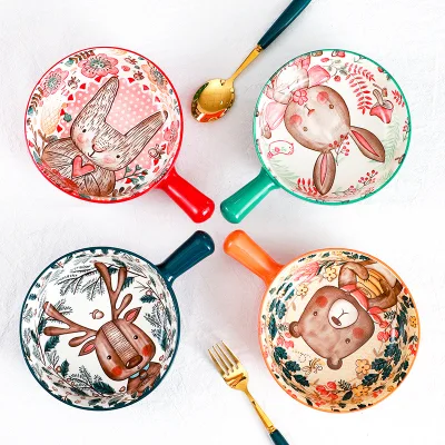 Cute Salad Bowl With Single Handle Kids Cartoon Animal Breakfast Bowl 9 Inch Ceramic Cartoon Handle Bowl