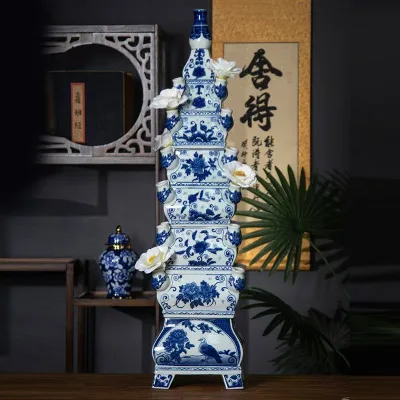 Traditional Blue and White Chinese Pagoda Vase Art Deco Style Home Decorative Ceramic Bottle with Opaque Glaze