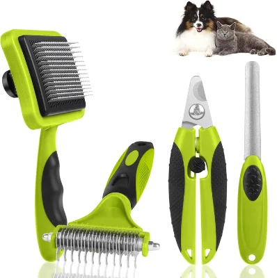 Professional 4-Piece Dog & Cat Hair Removal Deshedding Brush & Nail Clipper Set Plastic Components-Eco-Friendly Pet Grooming Kit
