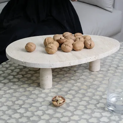 Marble Beige Travertine Stone Simple Oval Shape Modern Antique Finish Durable Serving Tray Bathroom Living Room Decor Jewelry