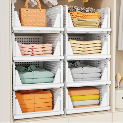5Pack White Stackable Multifunctional Foldable Bathroom Kitchen Laundry Wardrobe Space Saving Clothes Storage Basket Organizer