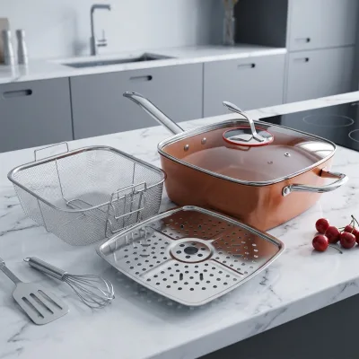 Multi Function Deep Cooking Pot Square Fry Pan Induction Grill Cookware Frying Pan Fry Basket Steam Rack Set