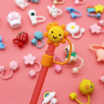 Reusable PVC & Silicone Straw Cover Cute Dust Toppers Splash Proof Drinking Straw Topper