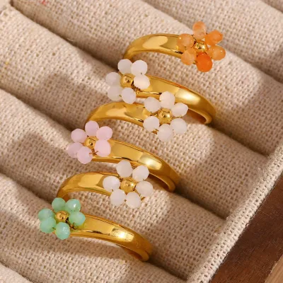 Open Ring Jewelry Stainless Steel Handmade Small Flowers Simple and Versatile Design Sense Sweet Summer