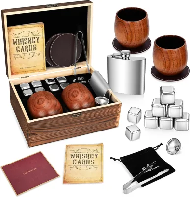 Wooden Whiskey & Bourbon Glasses Set of 2 17-Piece Eco-Friendly Gift Set with Custom Logo Modern Design for Men & Dad
