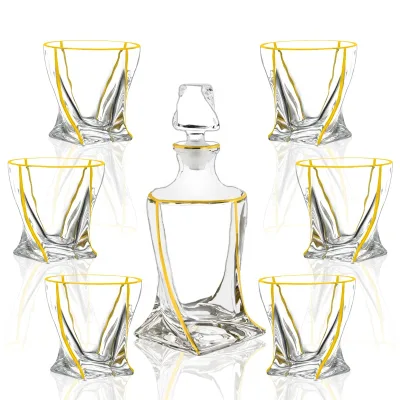N33 Artistic Twisted Whiskey Carafe & Tumbler Set with 24K Gold Accents Glass Liquor Bottle with Stopper & 6 Matching Cups