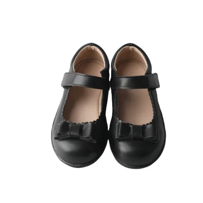 Kids Black Mary Jane School Shoes Bow Comfortable Hook-and-Loop Closure Student Flats Soft Leather Uniform Unisex Daily Wear