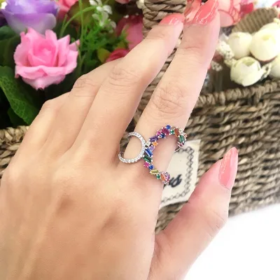 Hot Selling Hollow Colorful Rectangle Round CZ Paved Multi Band Finger Ring Back to Back Cross Rainbow CZ Ring for Women Jewelry