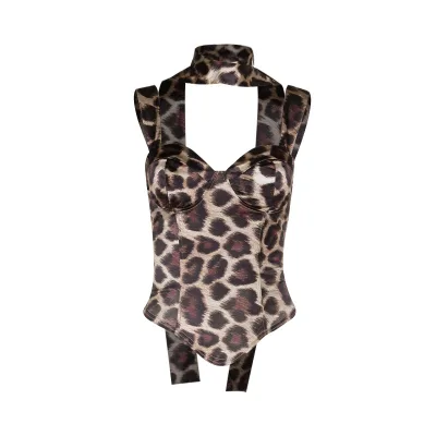 2026 Women's New Sexy Leopard Print Off-Shoulder Ribbon Decorated Waist-Cinching Tops
