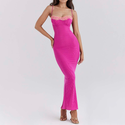 Raspberry Lace Trimmed Maxi Dress Oem Romantic and Elegant Women Custom Clothing Factory