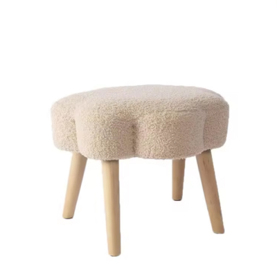 Wooden Frame Print Teddy Fabric Ottoman Wooden Round Foot Stool Leisure Common Stool Ottoman