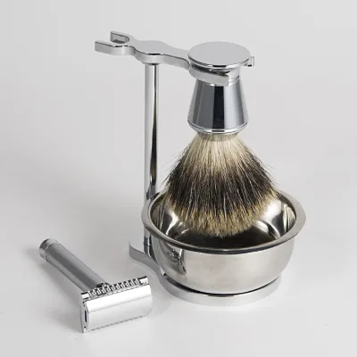 Customized Shaving Set Classic 4 Piece Men's Shaving Brush Set With Professional Stainless Steel Handle and Pure Badger Bristle