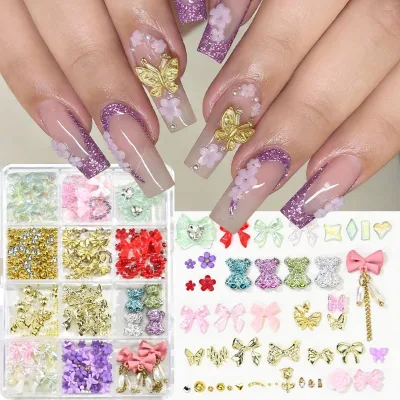 12 Grid Alloy Nail Ornament Pink Pearl Bow Love Heart Flowers Bear Pearl Nails Accessories Diamond Wholesale