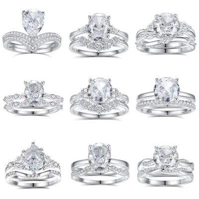 SPJ Wholesale S925 Sterling Silver Classic Bridal Set Micro-Pave Zirconia Ring Luxury Stackable Wedding Band Jewelry for Women