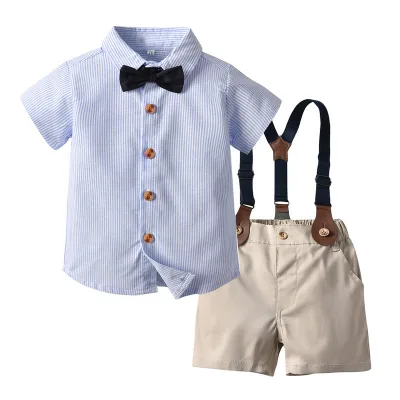 Wholesale Summer Children's Striped Bow Short Sleeve Shirt Bib Shorts Set Handsome Boys Gentleman Suit Cotton Worsted Clothes
