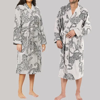 Flannel Shawl Collar V Neck Calf-Length Leopard Printed Casual Thermal Breathable Plus Size Spring Men's Combo Bathrobe