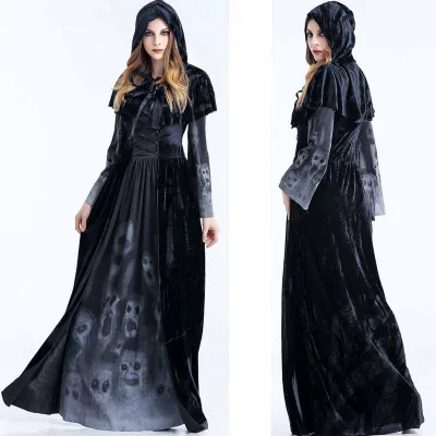 Halloween Cosplay Performances Bride Ghost Costume Vampire Witch Women Multi-Layers Black Serrated Hem Long Dress